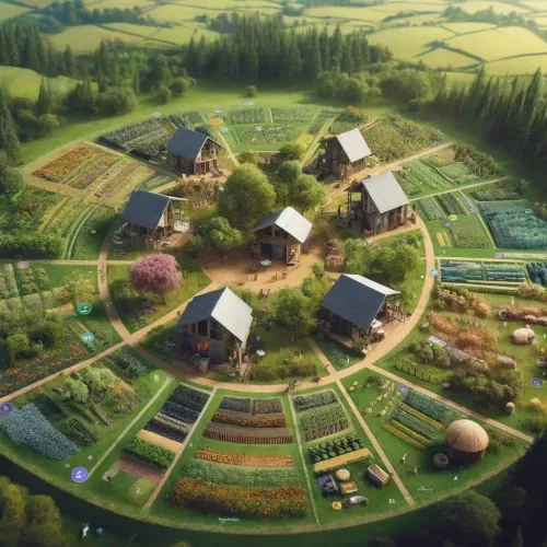 A realistic aerial view of a permaculture community with eco-friendly houses placed centrally, surrounded by various permaculture zones. The central area, Zone 0, features a cluster of closely grouped houses, illustrating the heart of the community. Around this, Zone 1 includes lush, intensive gardens and herb patches directly adjacent to the homes. Further out, Zone 2 shows orchards and perennial beds, followed by Zone 3 with larger fields for crops and grazing animals. Zone 4 depicts managed woodlands, and the outermost Zone 5 showcases a wild, untouched natural landscape. This image emphasizes a natural and sustainable living environment from an overhead perspective.